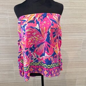 Lilly Pulitzer Vibrant Off the Shoulder Silk Butterfly Top